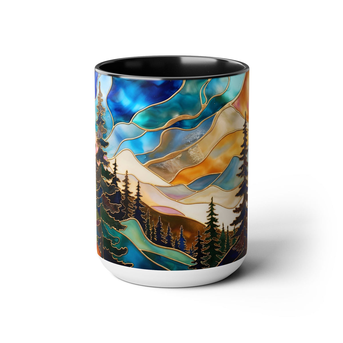 Stained Glass Style Mountain Mug, Forest Landscape Coffee Mug, Nature Lover Gift, Outdoor Adventure Mug, Fathers Day Gift 15oz