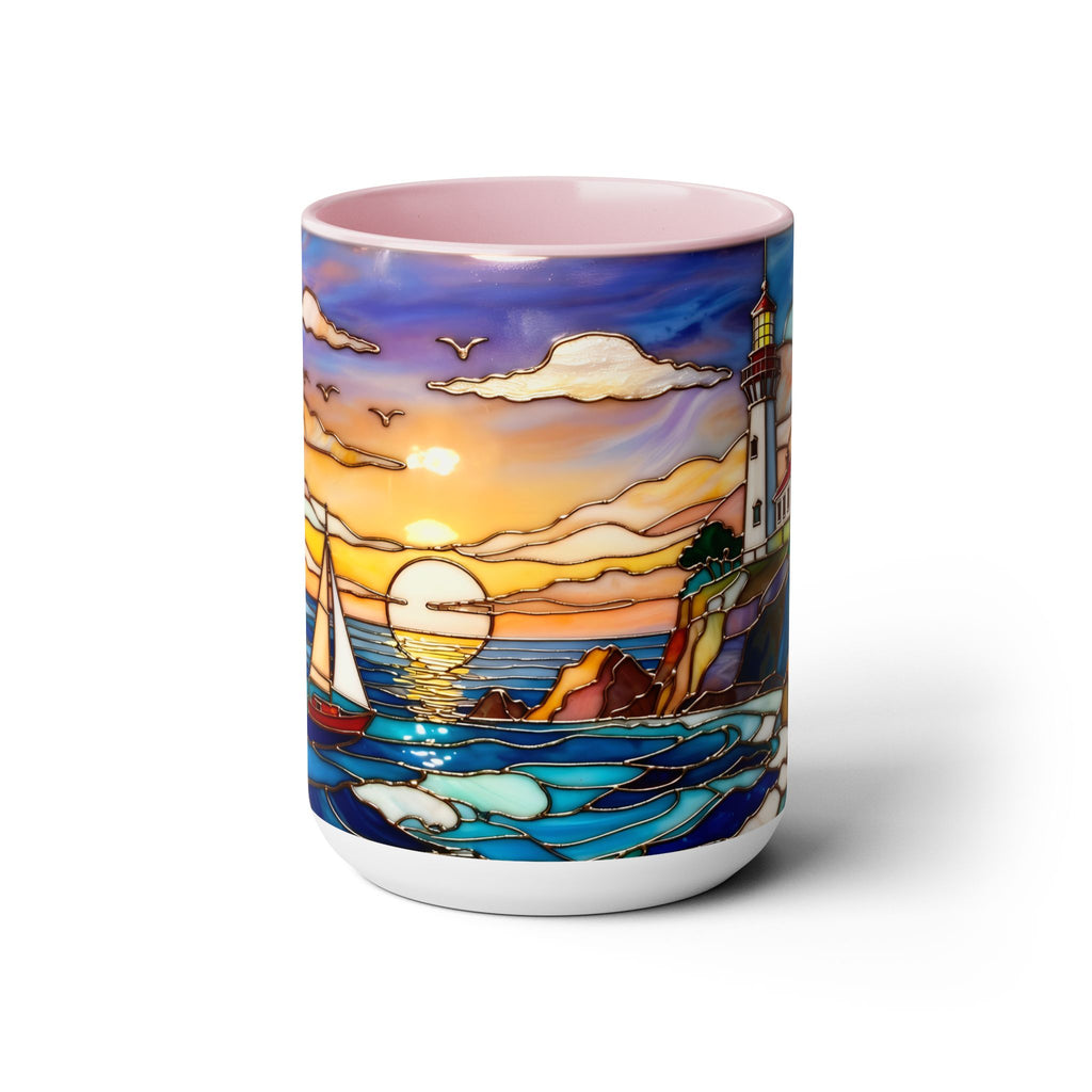 Lighthouse Sunset Mug, Coastal Stained Glass Style Coffee Cup 15oz, Nautical Coffee Mug
