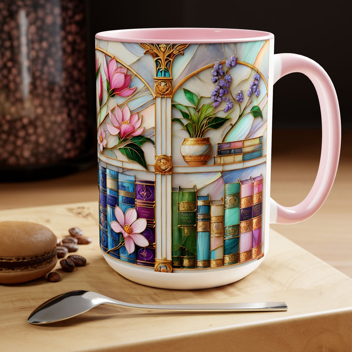 Floral Bookshelf Coffee Mug, Bookish Stained-Glass Style Mug, Book Lover Gift, Reading Mug for Women, Library Aesthetic Cup 15oz