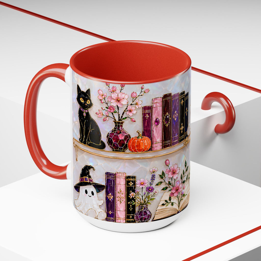 Halloween Ghost Bookshelf Mug, Cute Ghost Coffee Mug, Book Lover Gift, Pink Halloween Mug, Witchy Books Mug, Black Cat Mug, Fall Coffee Cup