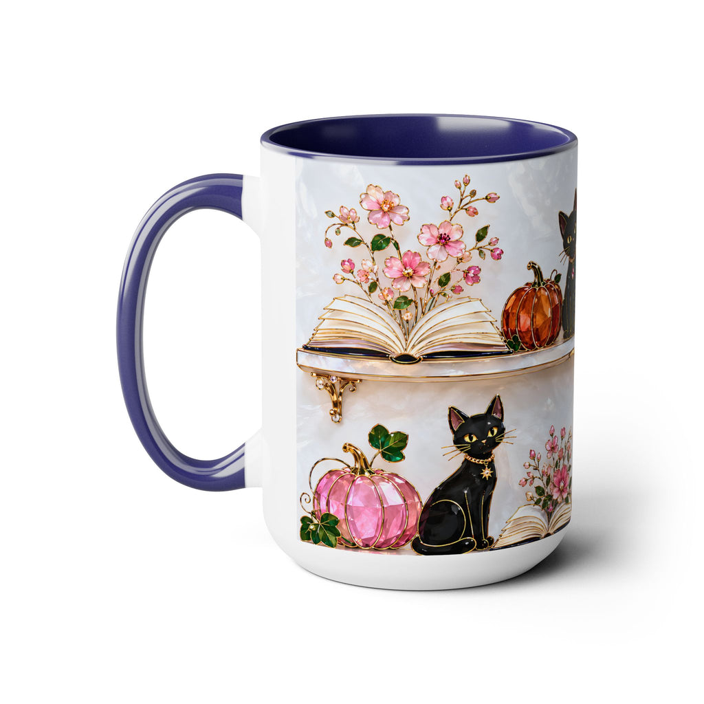 Halloween Ghost Bookshelf Mug, Black Cat Coffee Mug, Witchy Ghost Mug, Book Lover Gift, Spooky Library Mug, Pink Floral Bookshelf Mug 15oz