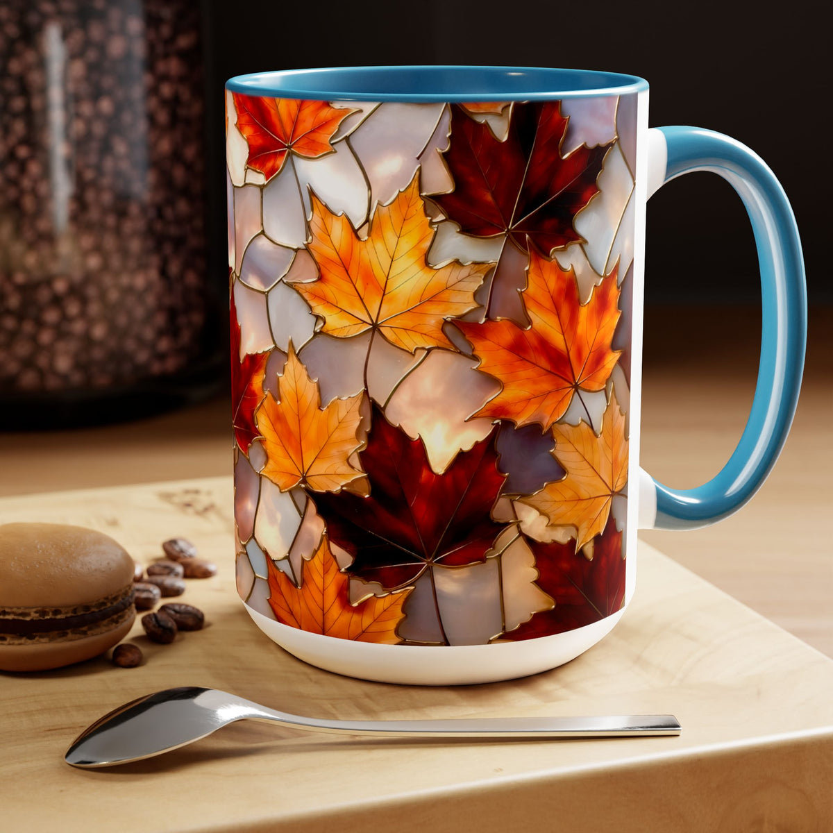 Autumn Maple Leaf Mug, Fall Stained-Glass Style Coffee Cup, Cozy Ceramic Seasonal Mug, Thanksgiving Gift Mug, Botanical Mug, Nature Mug 15oz