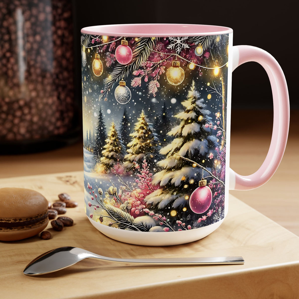 Pink Christmas Tree Coffee Mug, Christmas Kitchen Decor Mug, Retro Christmas Coffee Mug, Pink Christmas Tree Mug, Hot Coco Mug 15oz