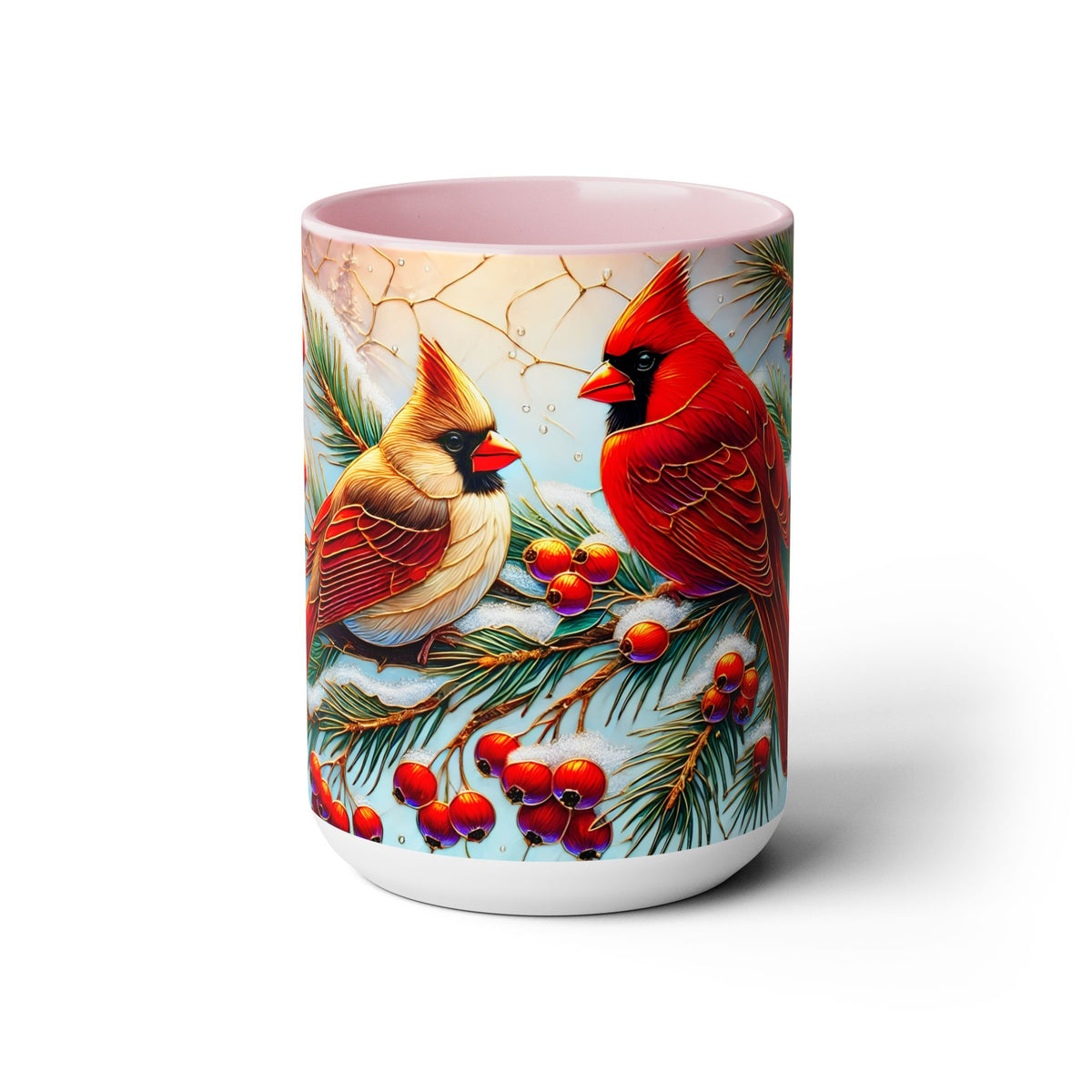 Cardinal Winter Mug, Stained Glass Style Birds on Snowy Branch Mug, Bird Retro Christmas Mug 15oz