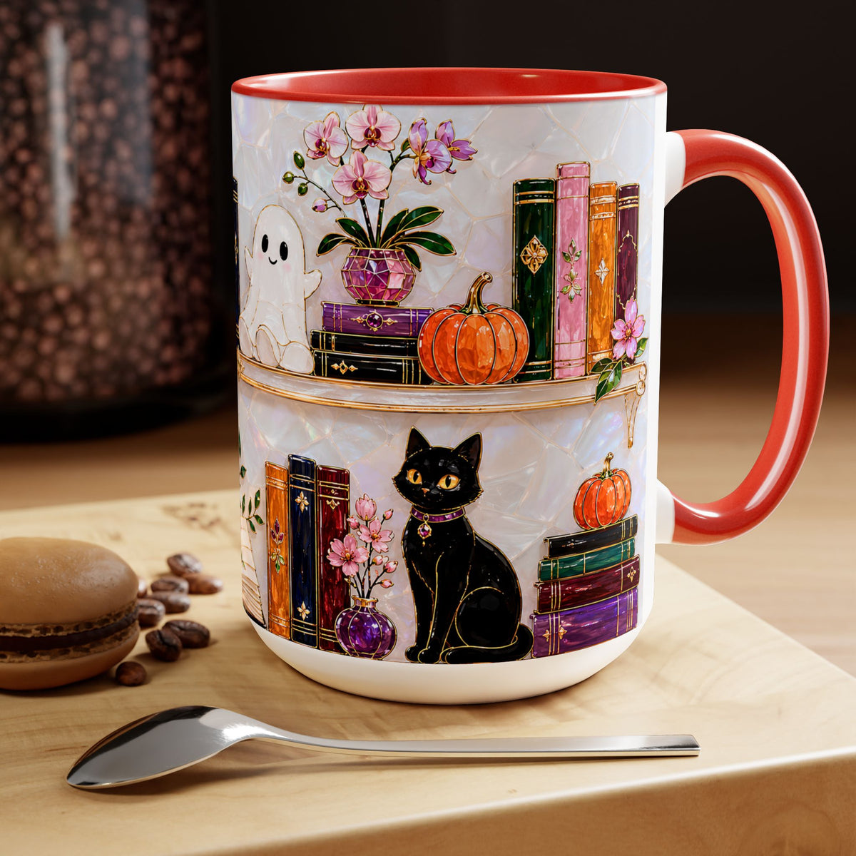 Halloween Ghost Bookshelf Mug, Cute Ghost Coffee Mug, Book Lover Gift, Pink Halloween Mug, Witchy Books Mug, Black Cat Mug, Fall Coffee Cup