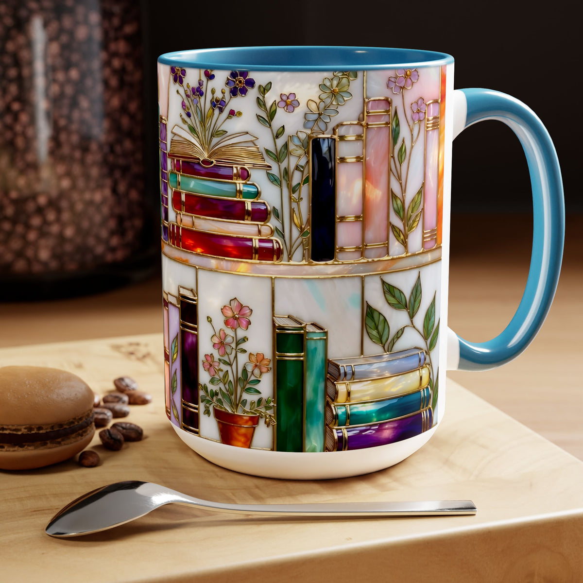 Floral Book Mug, Bookish Stained-Glass Style Mug, Book Lover Gift, Library Aesthetic Cup, Teacher Gift, Reading Mug 15oz