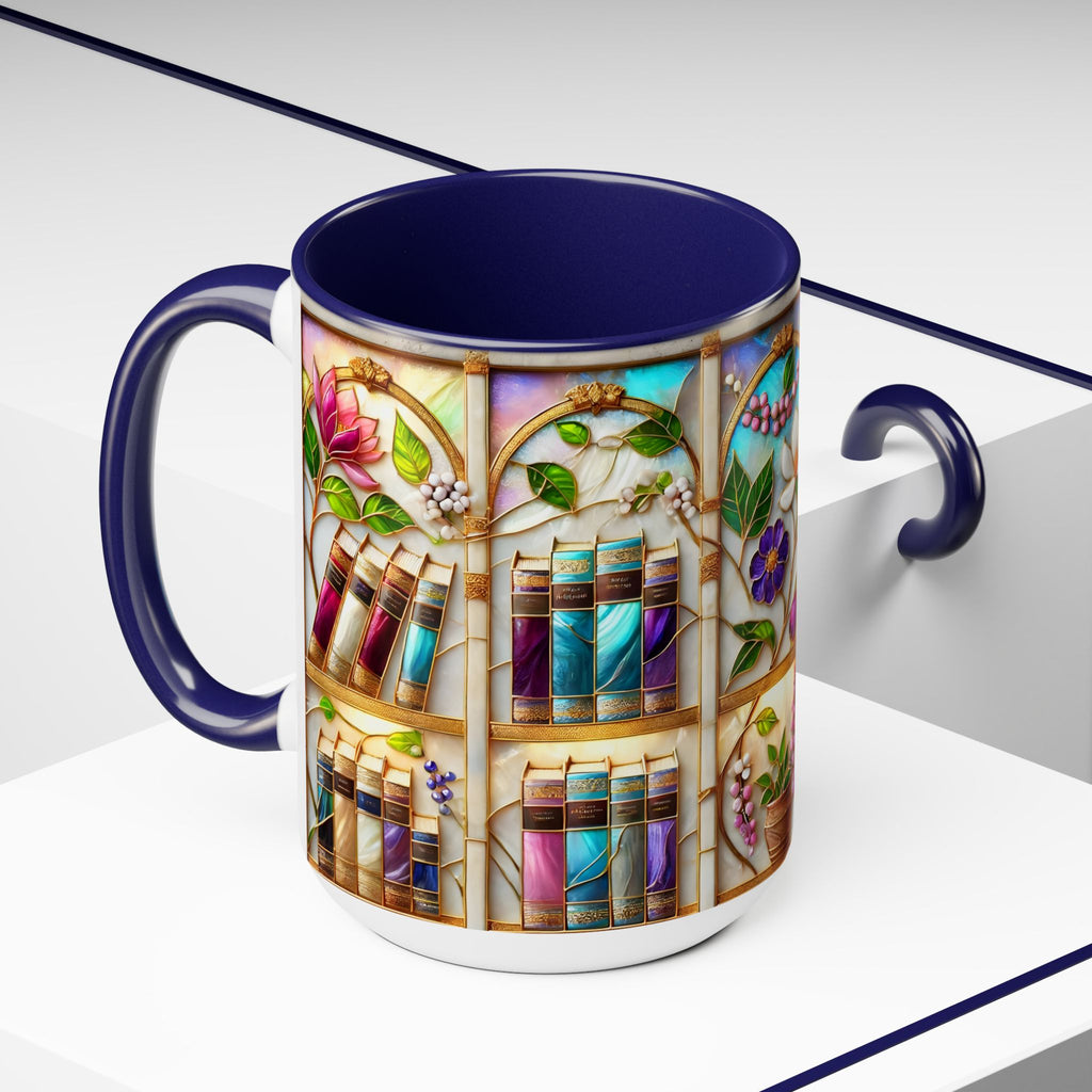 Floral Bookshelf Coffee Mug, Bookish Stained-Glass Style Ceramic Mug, Book Lover Gift 15oz