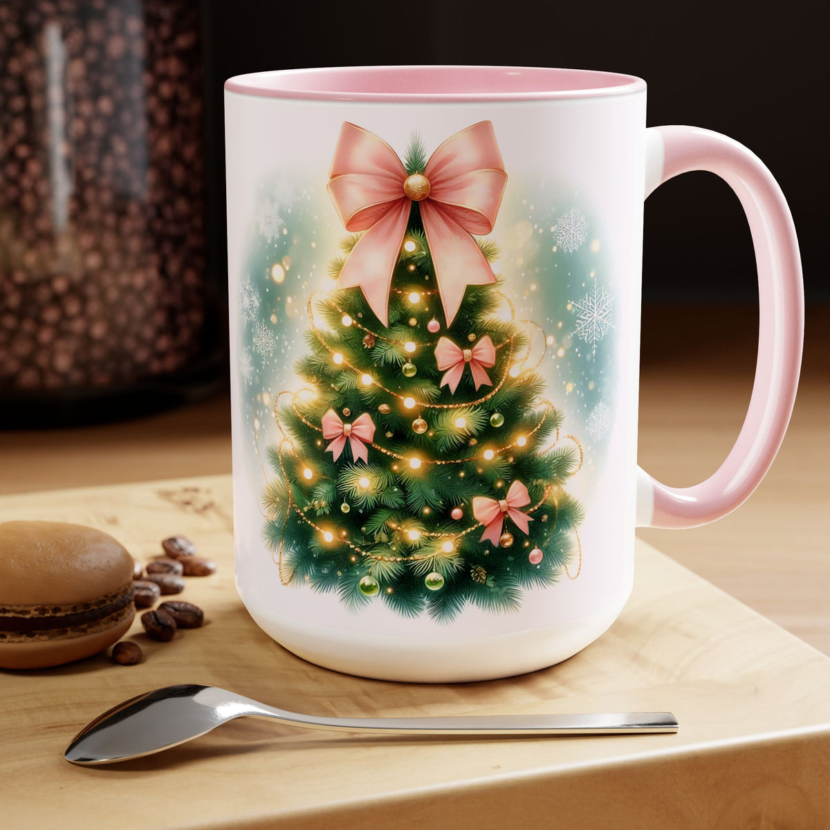 Christmas Tree Mug, Winter Tree Bow Mug, Holiday Mug, Aesthetic Pink Tree Mug, Christmas Coquette Mug, Holiday Mug, Pink Winter Mug 15oz