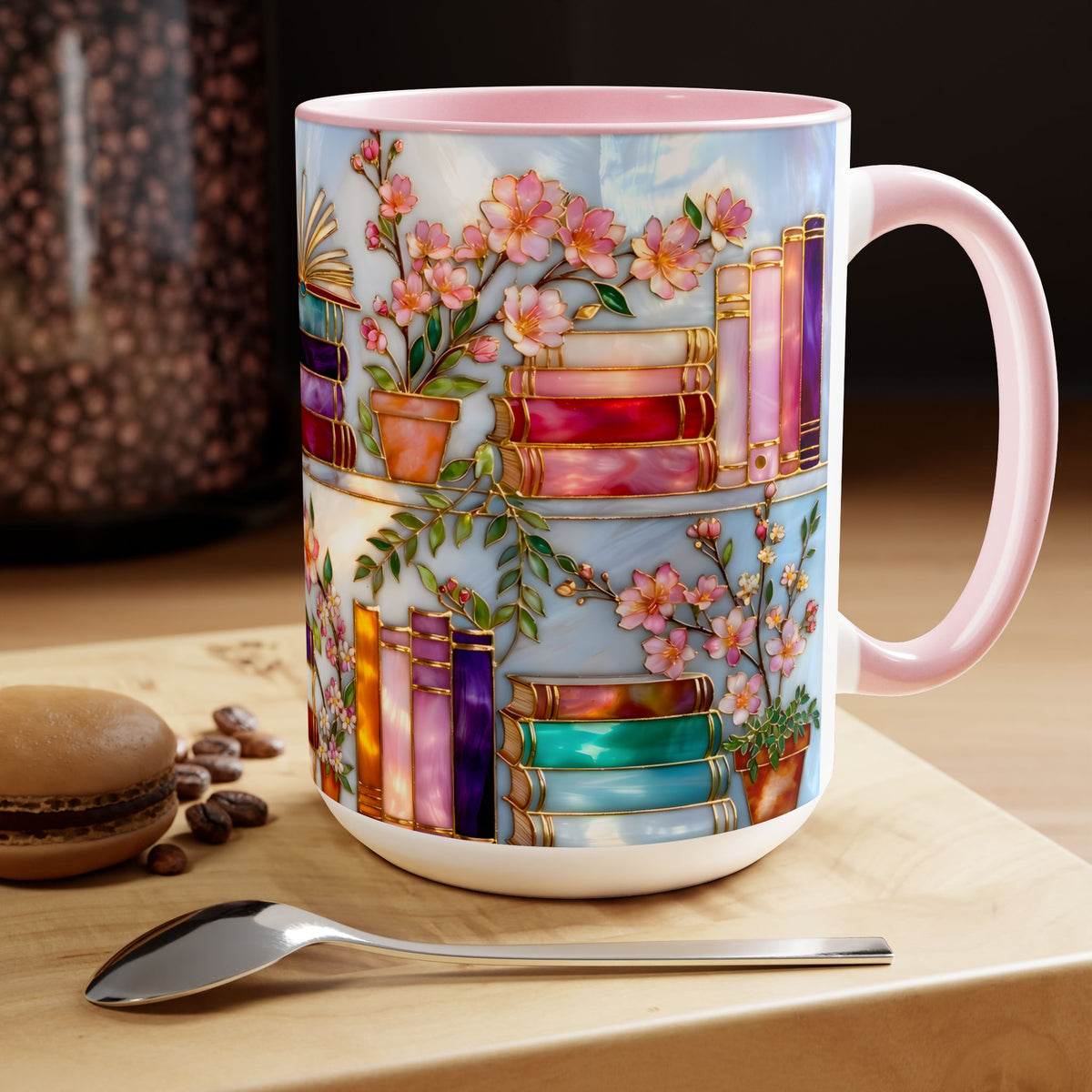 Floral Bookshelf Mug for Book Lovers, Bookish Library Coffee Cup, Black Ceramic 15oz, Stained Glass Style Design