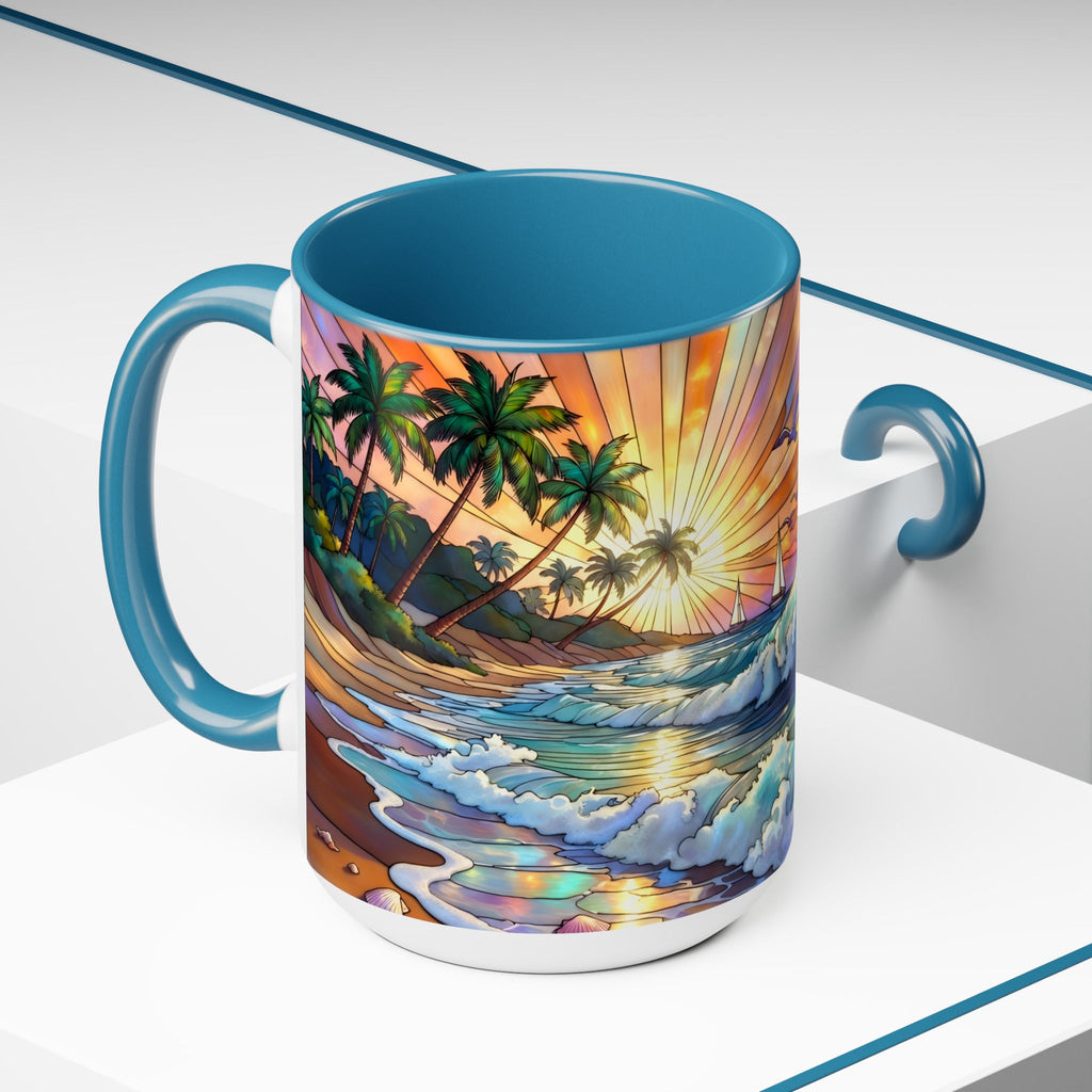 Stained Glass Style Ocean Beach Mug 15oz, Sunrise High Waves Coffee Cup, Palm Tree Coastal Art Cup, Tropical Beach Gift