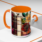Floral Bookshelf Mug, Stained Glass Style Flowers & Bees Mug 15oz, Garden Book Lover Gift