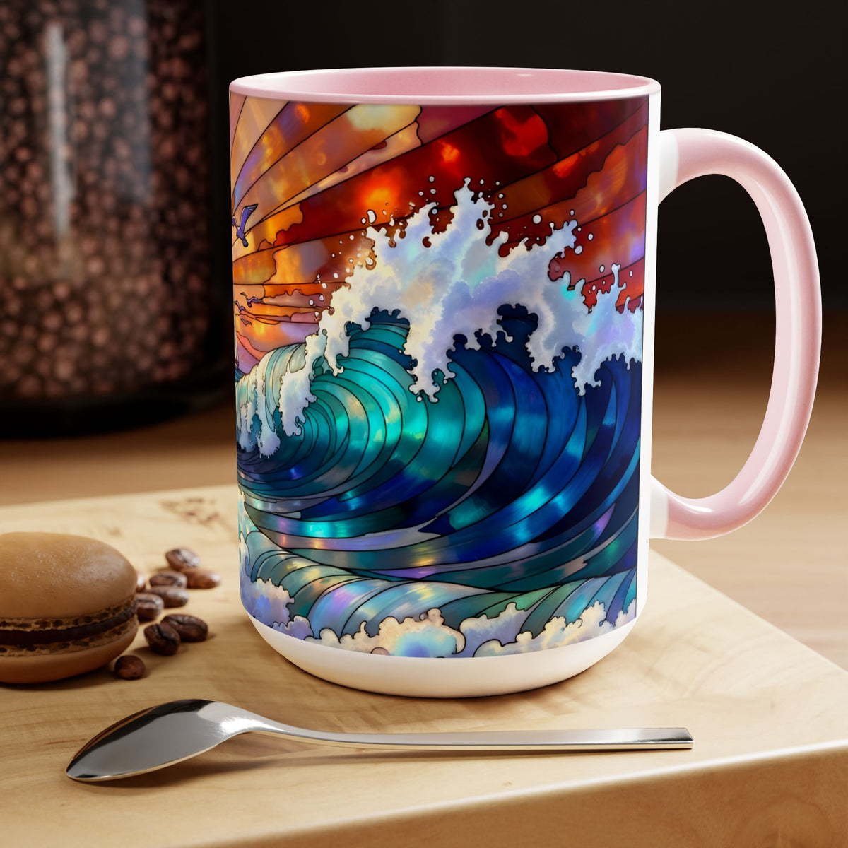 Stained Glass Style Ocean Beach Mug 15oz, Sunrise High Waves Coffee Cup, Palm Tree Coastal Art Cup, Tropical Beach Gift