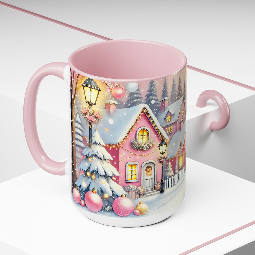 Pink Christmas Village Mug, Christmas Movie Mug, Christmas Coffee Mug Gift, Merry Christmas Mug, Winter Mug, Holiday Kitchen Decor 15 oz