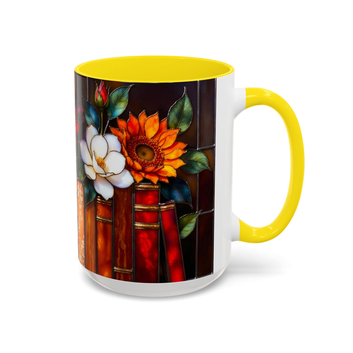 Floral Stained Glass Style Book Mug, Bookshelf Floral Ceramic Mug 15oz, Elegant Book Lover Gift, Garden Book Lover Gift