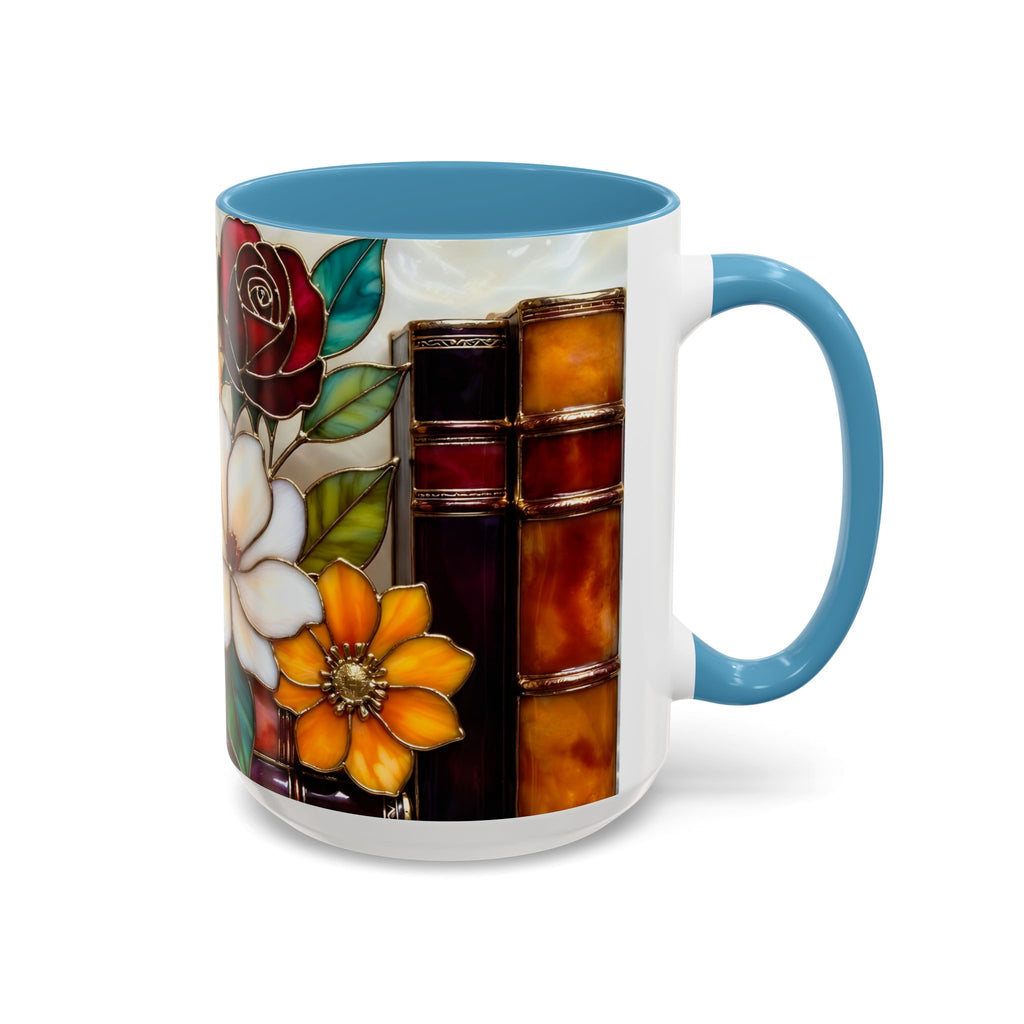 Floral Bookshelf Mug, Stained Glass Style Flowers & Bees Mug 15oz, Garden Book Lover Gift