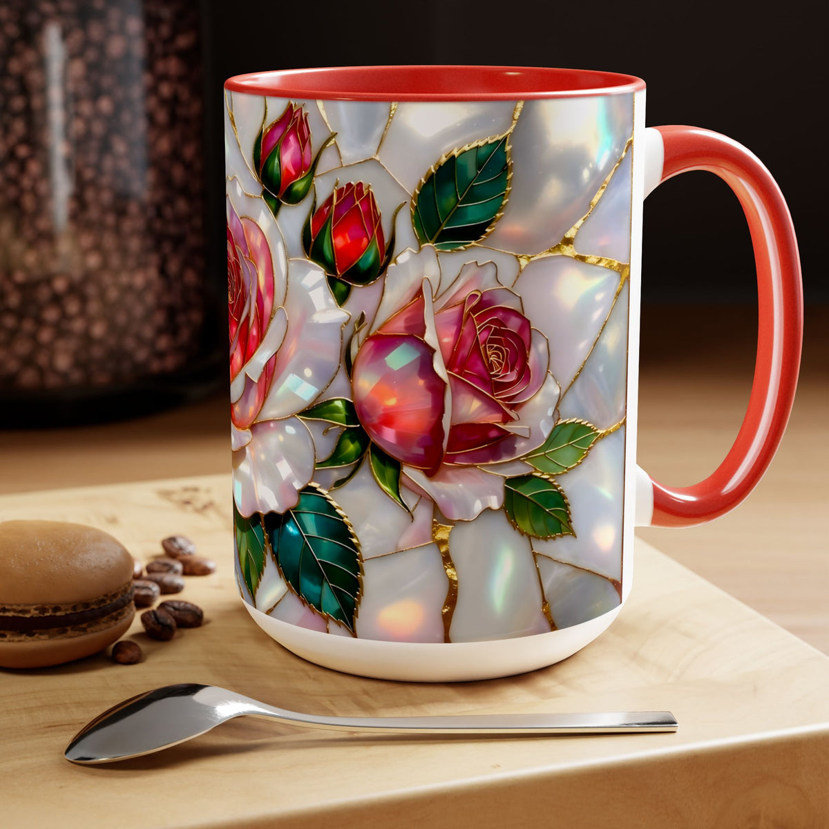 Stained Glass Style Rose Mug, Cottagecore Floral Ceramic Coffee Cup, Vintage Style Ceramic Drinkware, Boho Mug
