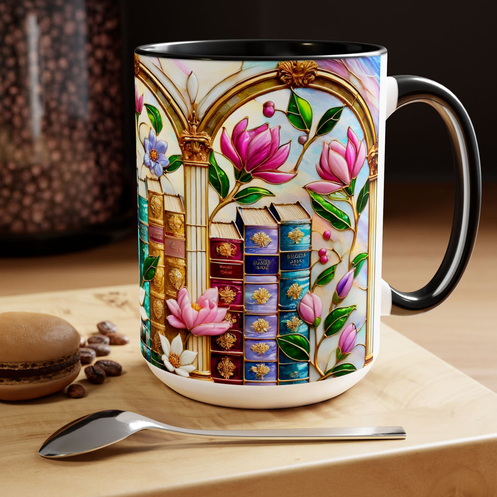 Floral Bookshelf Coffee Mug, Bookish Faux Stained-Glass Mug, Book Lover Gift, Reading Mug for Women, Library Aesthetic Cup 15oz