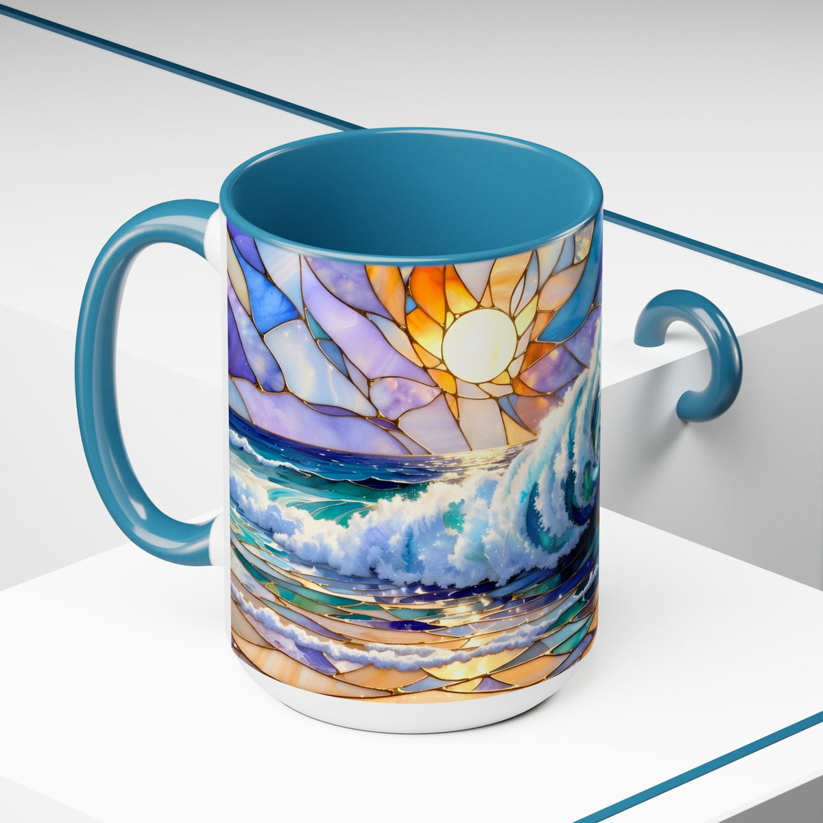 Stained Glass Style Ocean Wave Mug, Colorful Coastal Coffee Cup, Beach Sunrise Ceramic, Ocean Lover Gift Cup 15oz