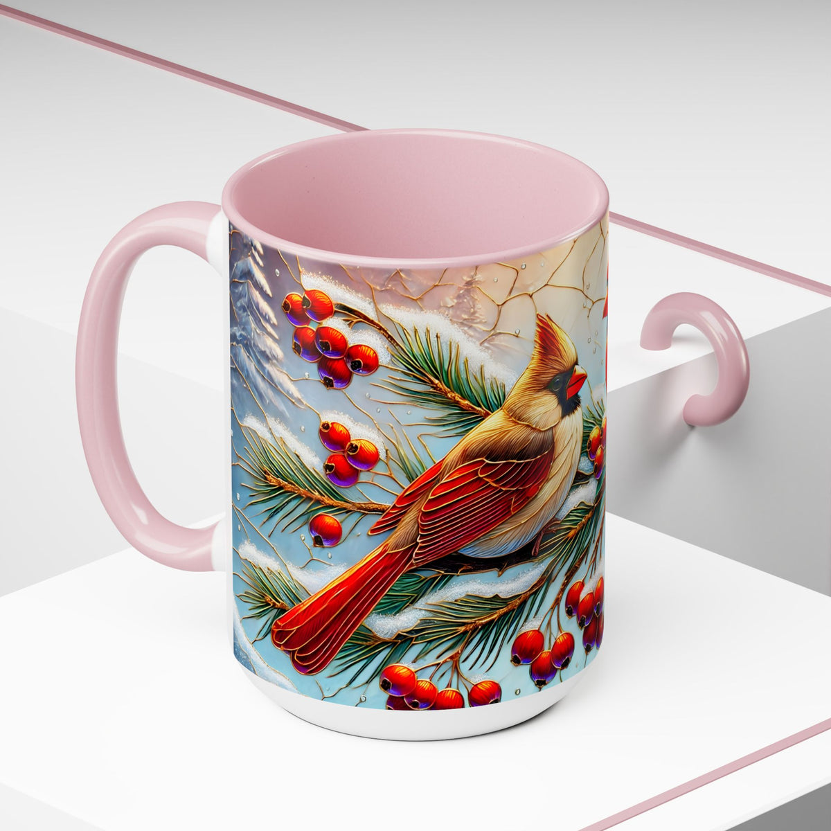Cardinal Winter Mug, Stained Glass Style Birds on Snowy Branch Mug, Bird Retro Christmas Mug 15oz