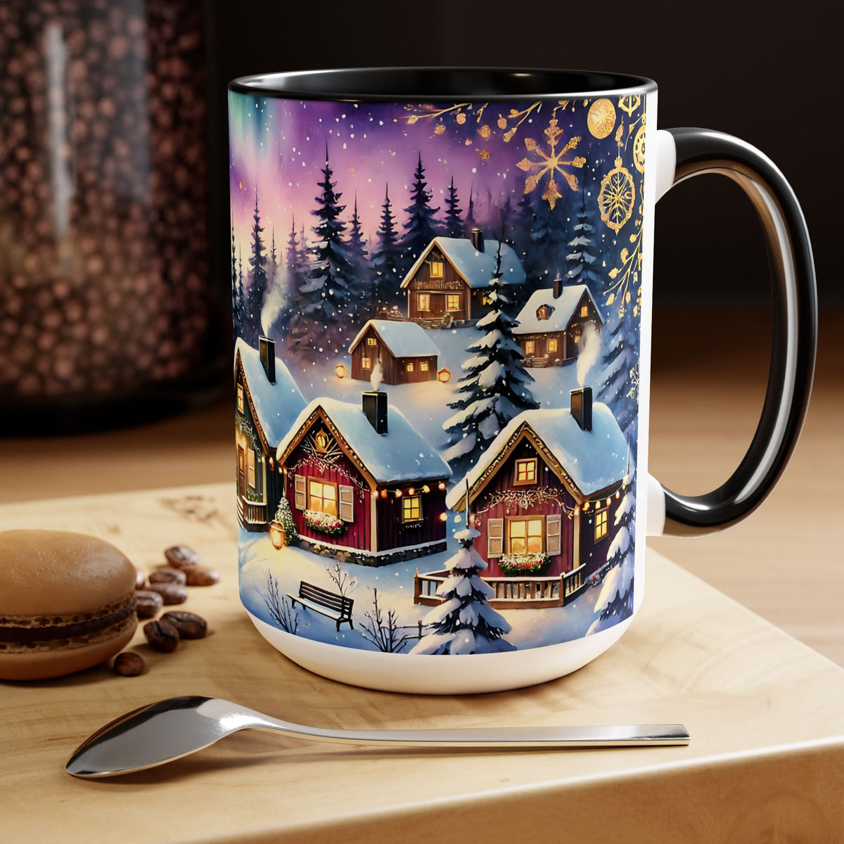Christmas Village Mug, Christmas Mug, Christmas Mountain Mug, Aurora Borealis Mug, Unique Christmas Gift, Lake Mug, Vintage Style Mug 15oz