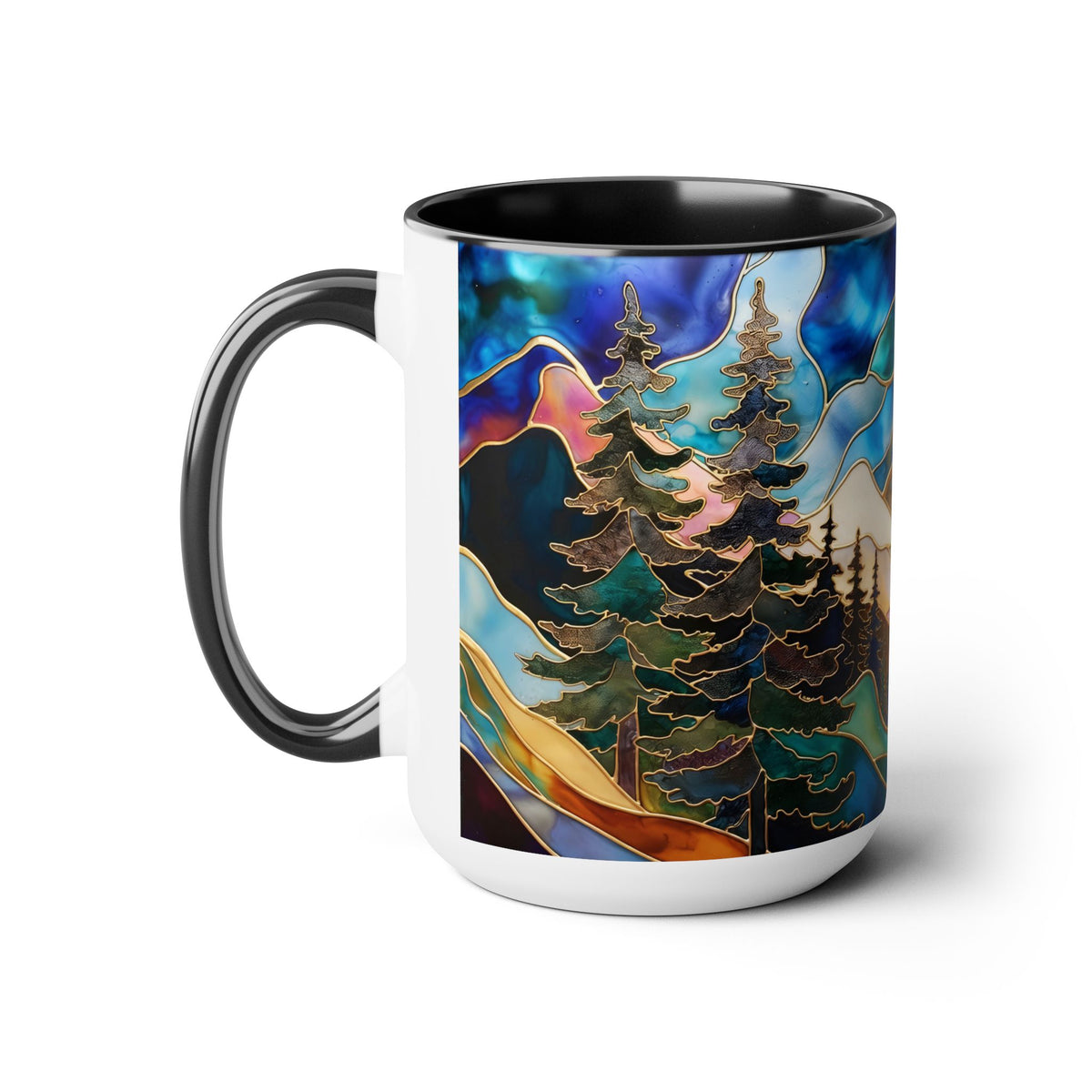 Stained Glass Style Mountain Mug, Forest Landscape Coffee Mug, Nature Lover Gift, Outdoor Adventure Mug, Fathers Day Gift 15oz