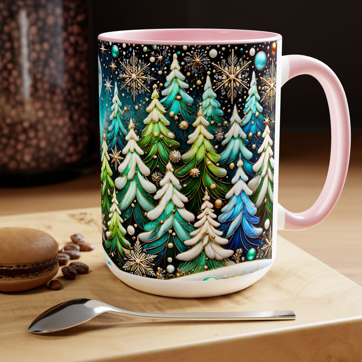 Pine Forest Mug 15oz, Stained Glass Style Coffee Cup, Winter Evergreen Tree Mug, Nature Lover Christmas Gift