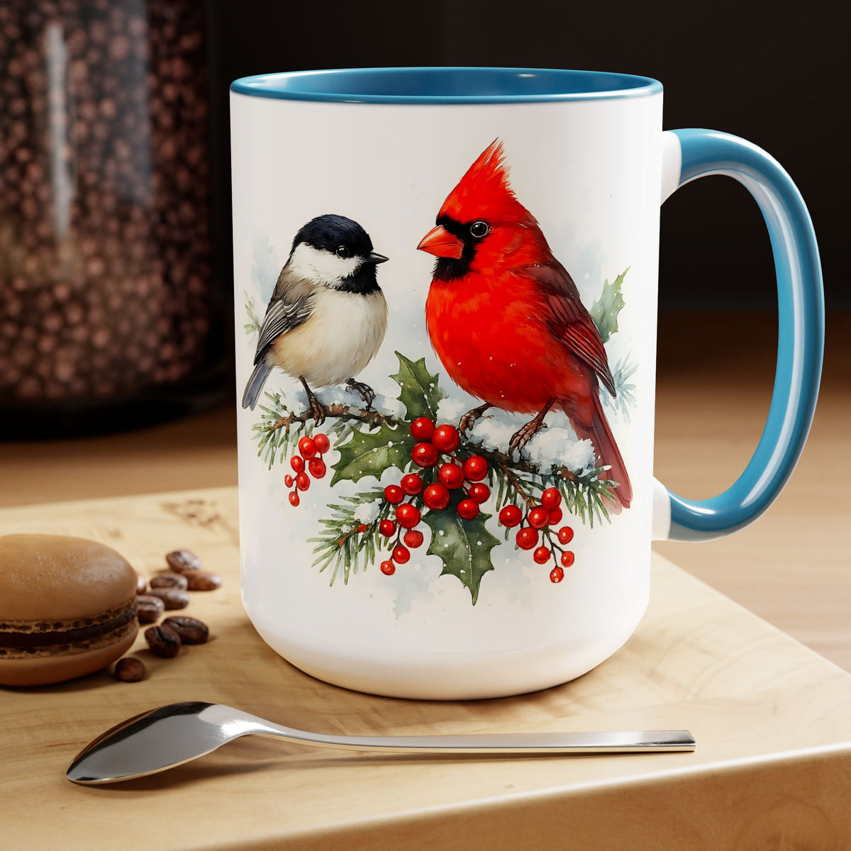 Cardinal Chickadee Mug, Birds on Snowy Branch Mug, Birds Retro Christmas Mug, Winter Mug, Christmas Kitchen Decor Mug, Birds Lover Mug 15oz