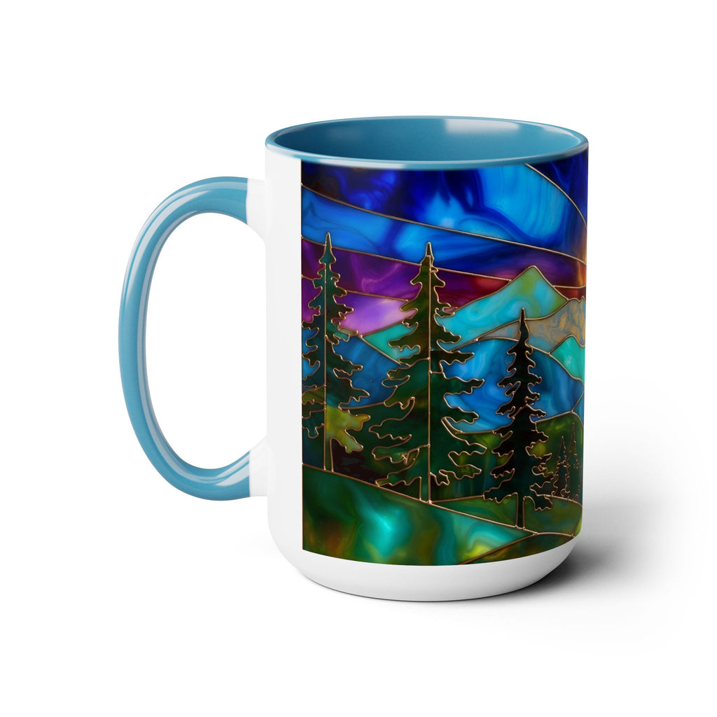 Stained Glass Style Sunset Mountains Coffee Mug, Pine Forest Cup Gift 15oz