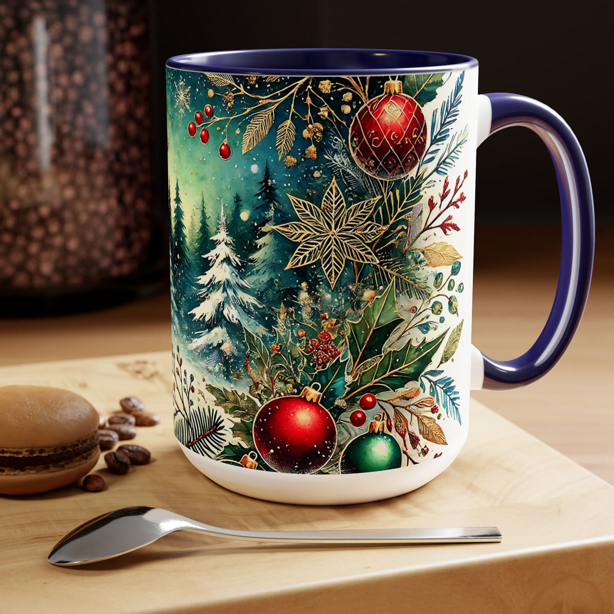 Christmas Mug, Vintage Style Holiday Mug, Christmas Tree Mug, Christmas Coffee Mug, Christmas Forest Mug, Kitchen Decor Mug, Forest Mug 15oz