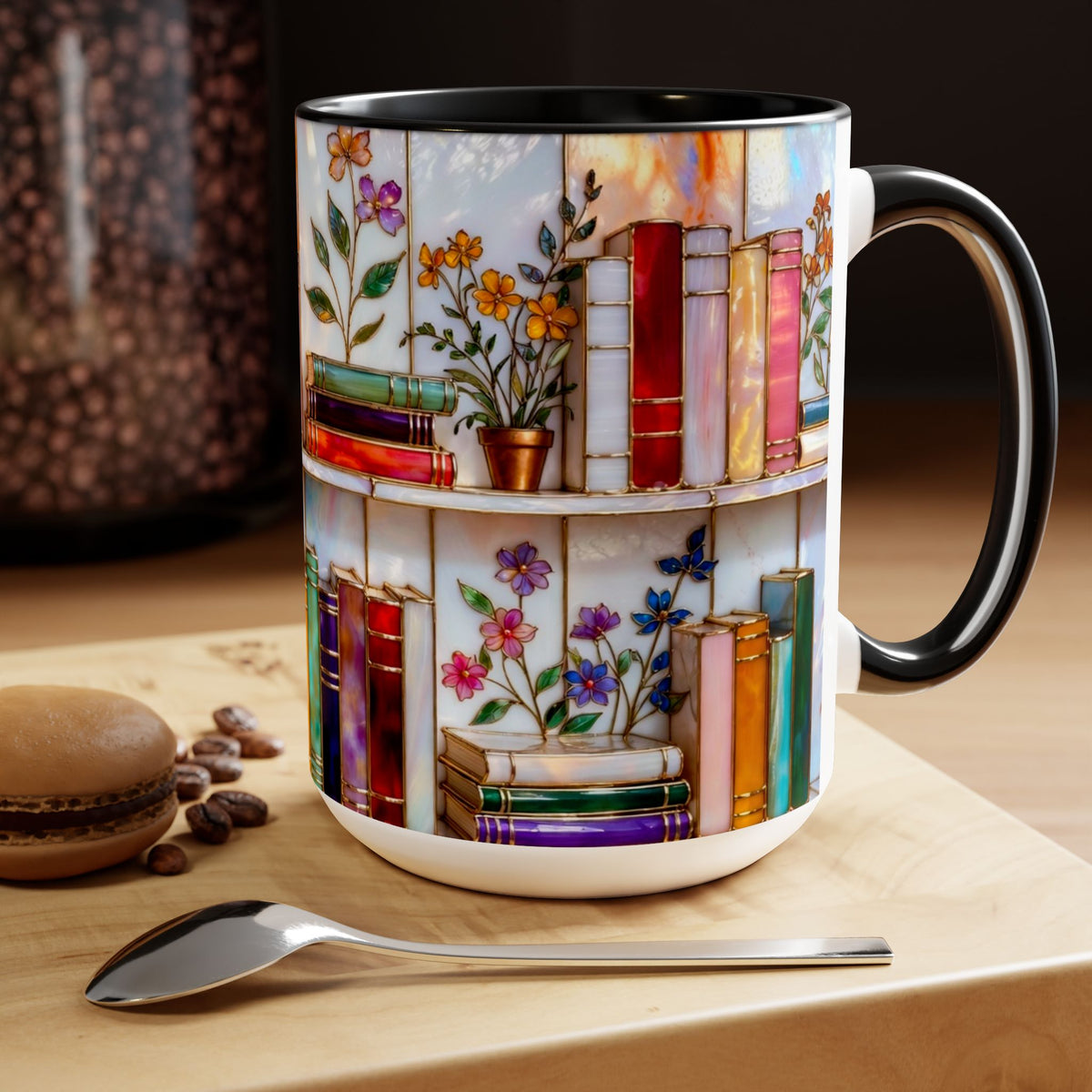 Floral Bookshelf Coffee Mug, Bookish Stained-Glass Style Mug, Book Lover Gift, Library Aesthetic Cup, Teacher Gift, Reading Mug 15oz
