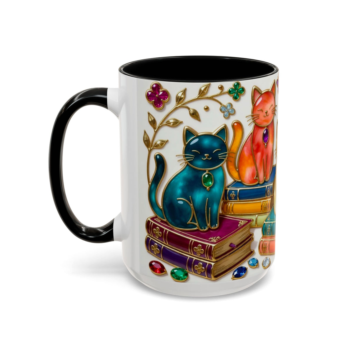 Stained Glass Style Cats Mug, Bookish Cat Art Mug, Jewel Tone Fantasy Cats Cup, Book Lover Mug 15oz