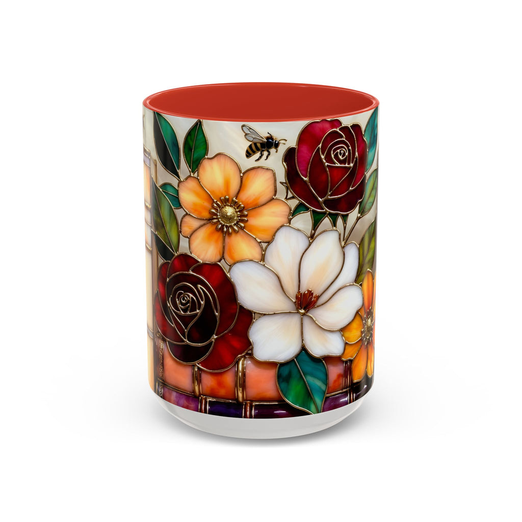 Floral Bookshelf Mug, Stained Glass Style Flowers & Bees Mug 15oz, Garden Book Lover Gift