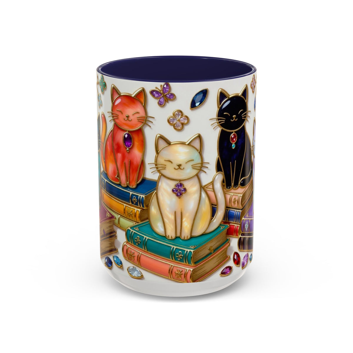 Stained Glass Style Cats Mug, Bookish Cat Art Mug, Jewel Tone Fantasy Cats Cup, Book Lover Mug 15oz