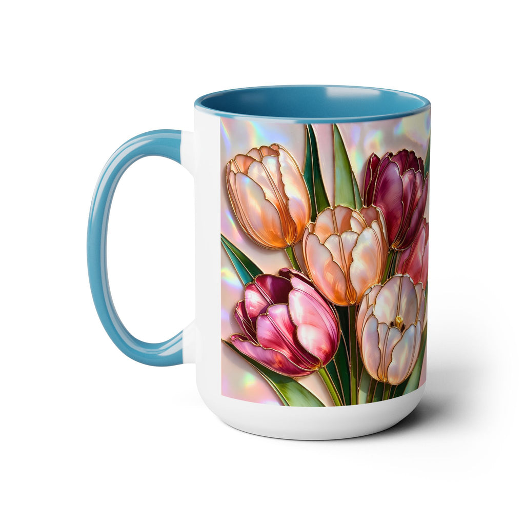 Stained Glass Style Tulip Mug, 15 oz, Pink & Peach Floral Coffee Cup, Spring Mug