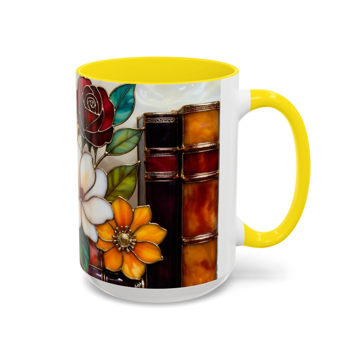 Floral Bookshelf Mug, Stained Glass Style Flowers & Bees Mug 15oz, Garden Book Lover Gift