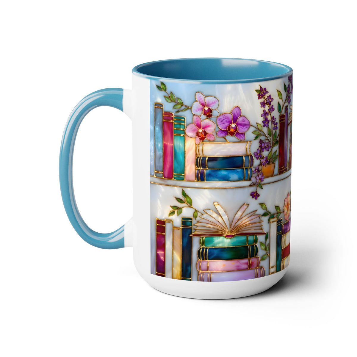 Floral Bookshelf Mug for Book Lovers, Bookish Library Coffee Cup, Black Ceramic 15oz, Stained Glass Style Design