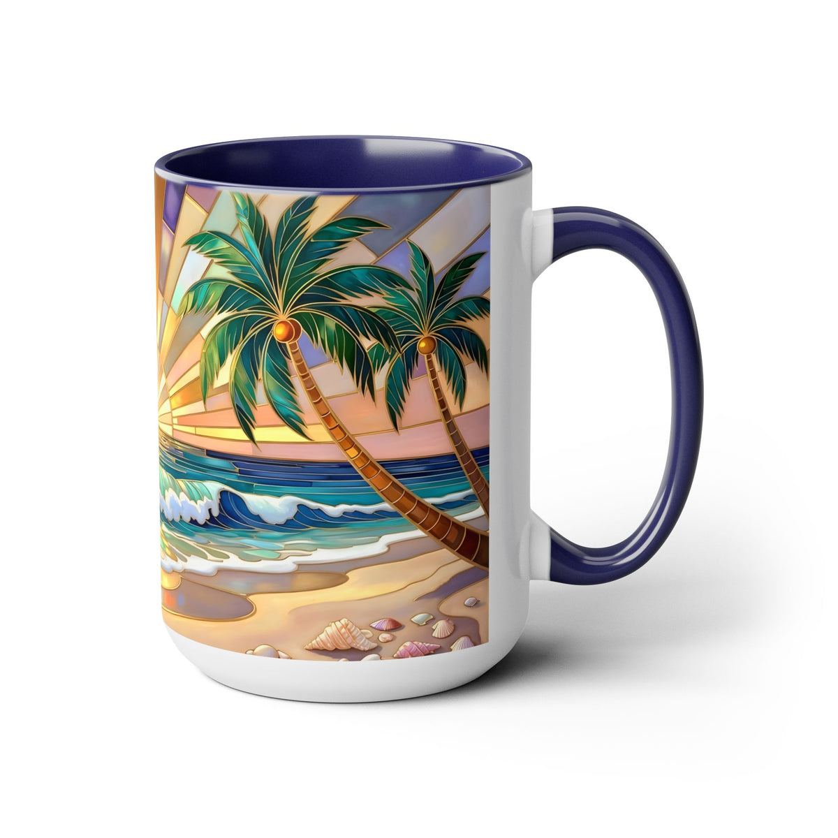 Beach Sunrise Stained Glass Style Mug, Coastal Ocean Coffee Cup, Sunrise Sea Mug, Beach Lover Cup 15oz