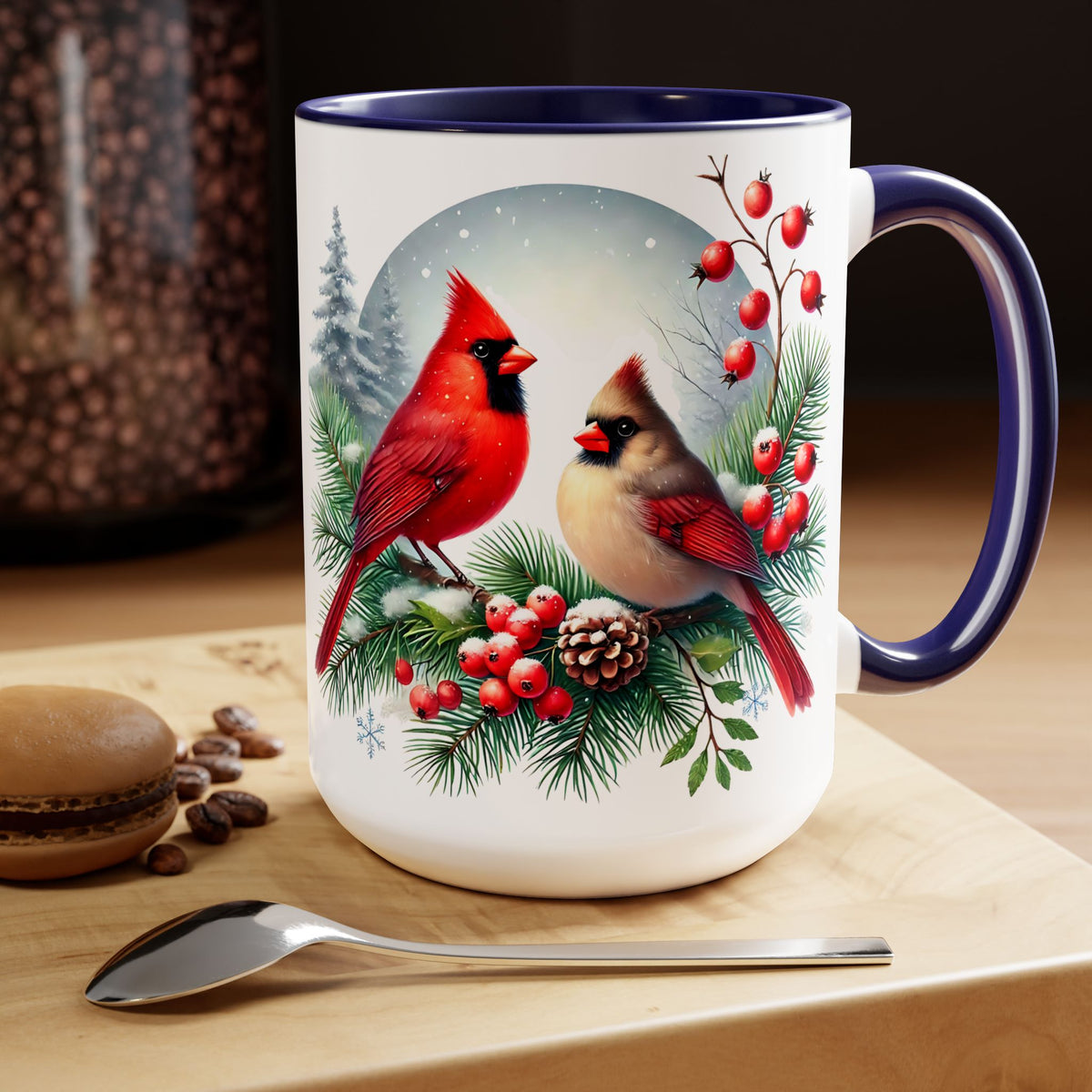 Cardinal Christmas Mug, Bird on Snowy Branch Mug, Bird Retro Christmas Mug, Cottagecore Mug, Christmas Cardinal Pair Mug, Christmas Mug 15oz