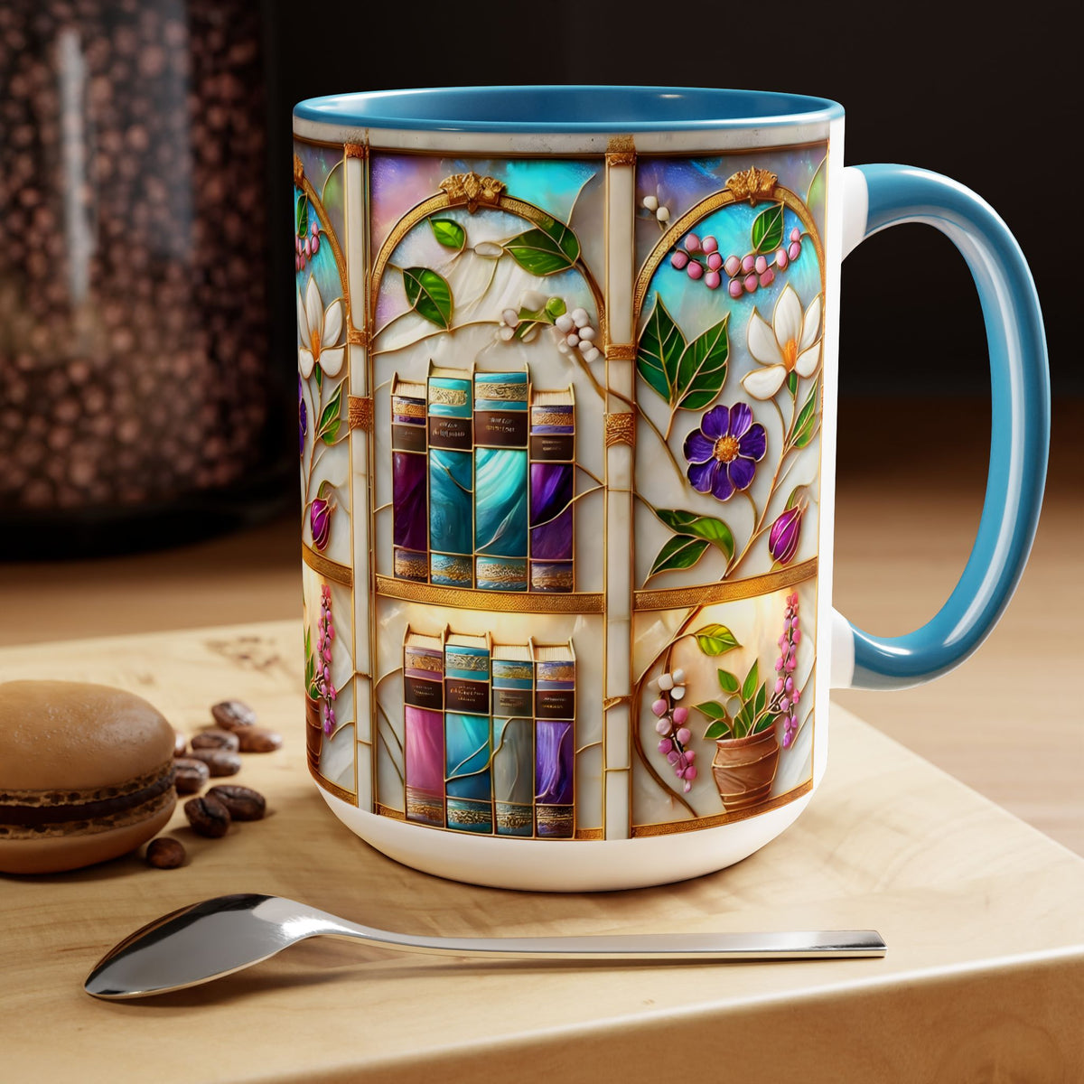 Floral Bookshelf Coffee Mug, Bookish Stained-Glass Style Ceramic Mug, Book Lover Gift 15oz