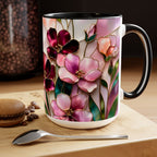 Stained Glass Style Floral Mug, 15 oz, Pink & Burgundy Flowers Floral Art Coffee Cup 15oz