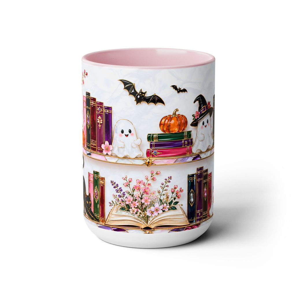 Halloween Ghost Bookshelf Mug, Black Cat Coffee Mug, Book Lover Gift, Witchy Ghost Mug, Spooky Library Cup, Fall Mug, Dark Academia Mug