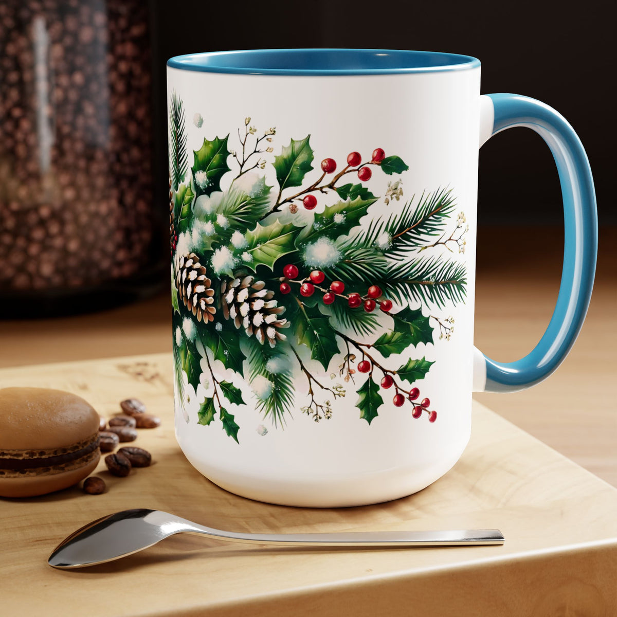 Snowy Garland Coffee Mug, Christmas Wreath Mug, Winter Holiday Ceramic Mug, Festive Garland Drinkware, Holiday Season Classy Mug Gift 15oz