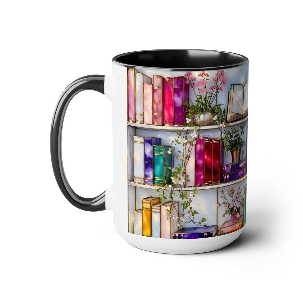 Stained Glass Style Bookshelf Mug, Colorful Floral Book Mug, Book Lover Gift. Elegant Reading Mug