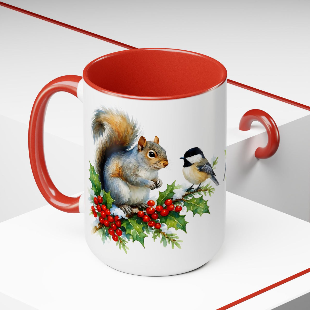 Squirrel and Chickadee Mug, Birds on Snowy Branch Mug, Woodland Retro Christmas Mug, Kitchen Decor Mug, Winter Mug, Squirrel Lover Mug 15oz