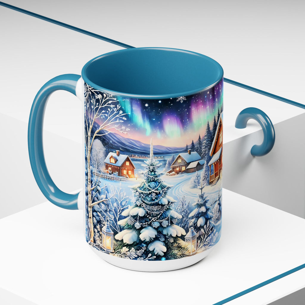 Christmas Mug, Christmas Nordic Village Mug, Christmas Cabin Mug, Aurora Winter Mug, Unique Christmas Gift, Big Mug, Vintage Style Mug 15oz