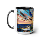 Lighthouse Sunset Mug, Coastal Stained Glass Style Coffee Cup, Nautical Coffee Mug 15oz