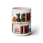 Halloween Ghost Bookshelf Mug, Black Cat Coffee Mug, Witchy Ghost Mug, Book Lover Gift, Spooky Library Mug, Pink Floral Bookshelf Mug 15oz