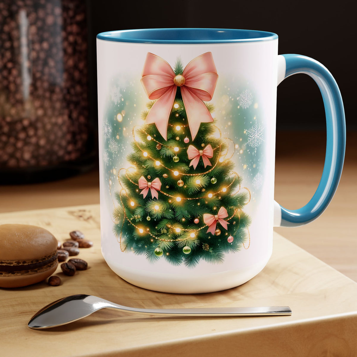 Christmas Tree Mug, Winter Tree Bow Mug, Holiday Mug, Aesthetic Pink Tree Mug, Christmas Coquette Mug, Holiday Mug, Pink Winter Mug 15oz