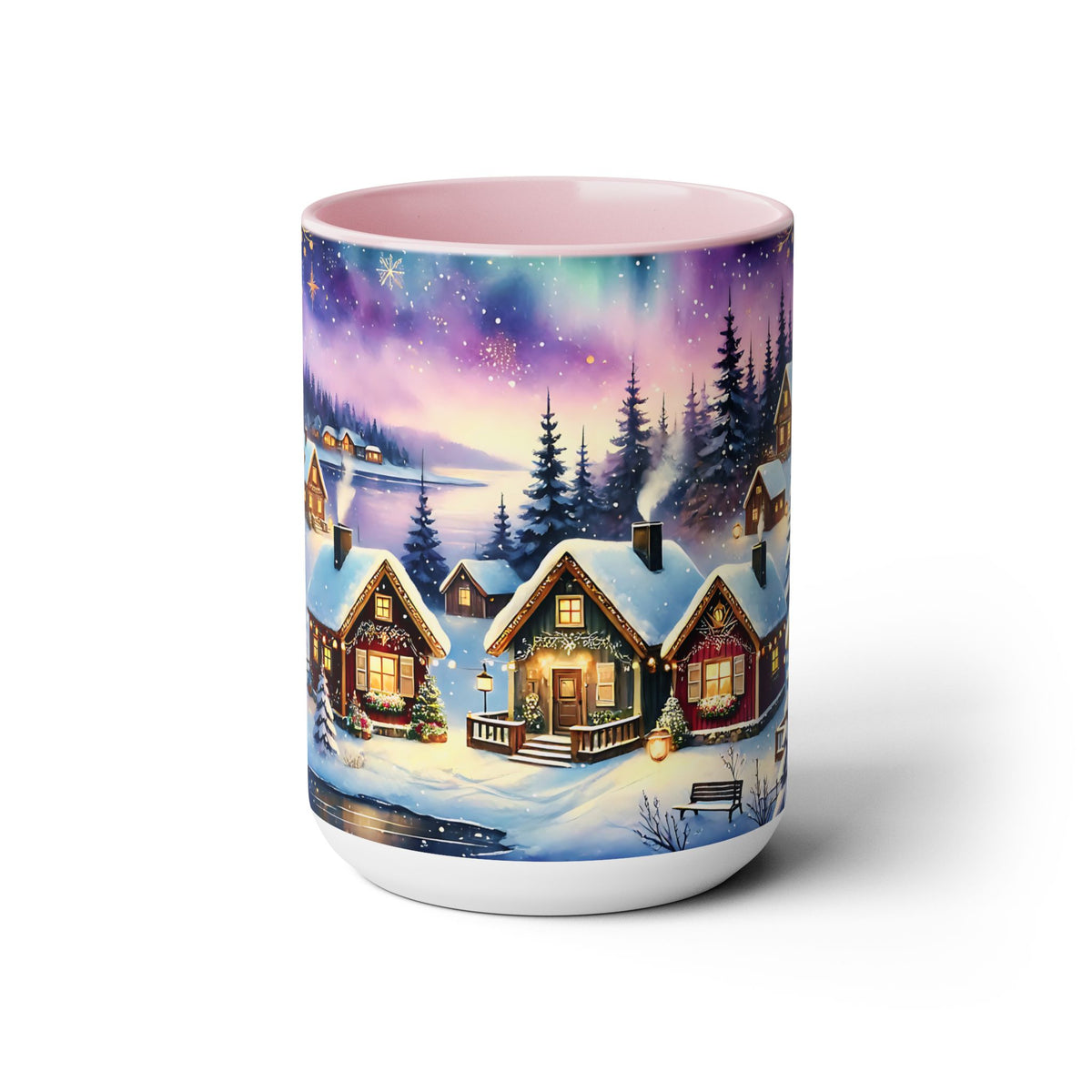 Christmas Village Mug, Christmas Mug, Christmas Mountain Mug, Aurora Borealis Mug, Unique Christmas Gift, Lake Mug, Vintage Style Mug 15oz