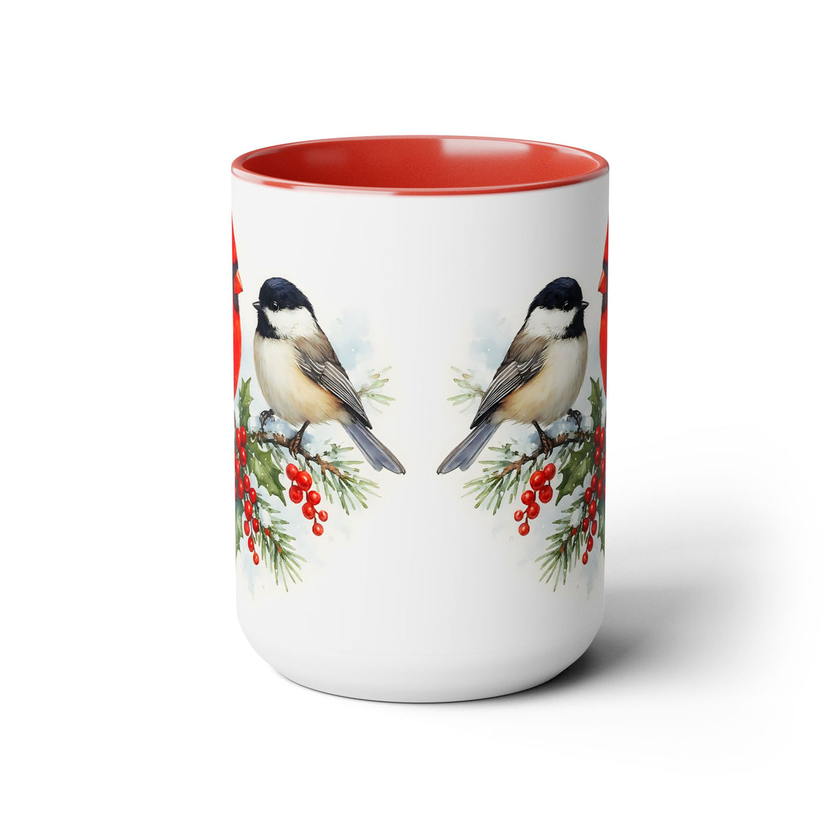Cardinal Chickadee Mug, Birds on Snowy Branch Mug, Birds Retro Christmas Mug, Winter Mug, Christmas Kitchen Decor Mug, Birds Lover Mug 15oz